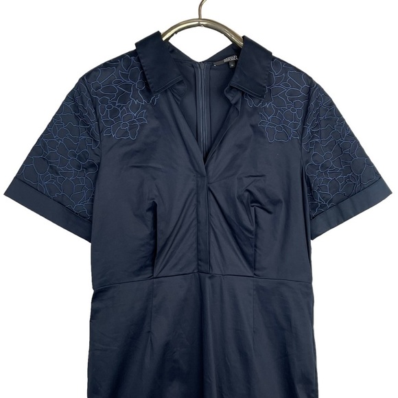 BADGLEY MISCHKA NAVY SATEEN FLORAL EMBROIDERED SHIRT COLLAR FITTED SHEATH DRESS - Picture 5 of 14